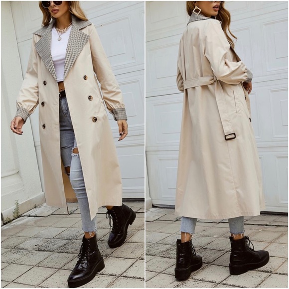 Classic Khaki Plaid Collar Long Trench Coat Winter - Picture 2 of 3